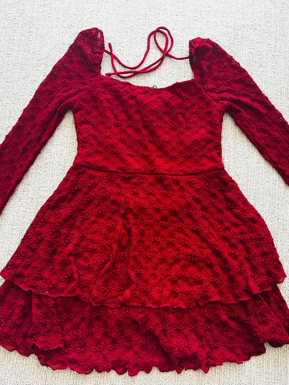 FASHION NOVA, Red Textured Long Sleeve Tiered Dress, NWT